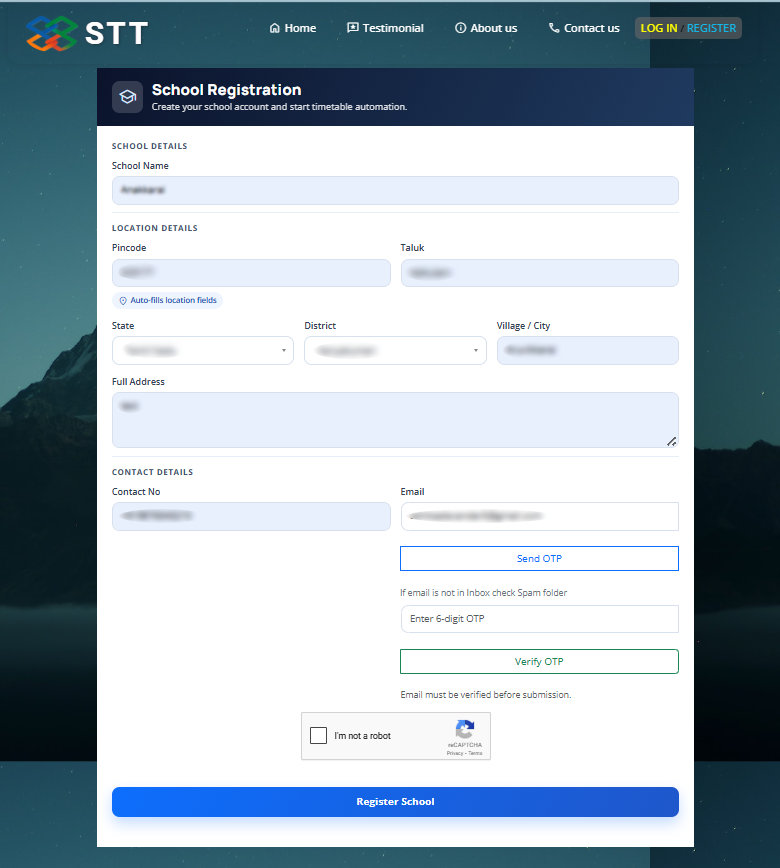 School register form screenshot